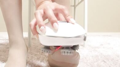 Sissy solo foot tickle cum with stocking head massager teased by Japanese girl