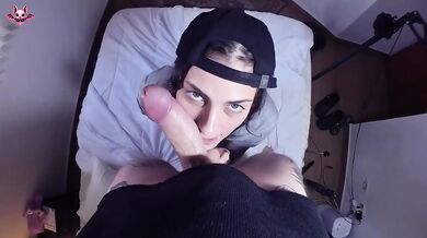 Tattooed geek girl gives messy POV blowjob deep throating big ass milf