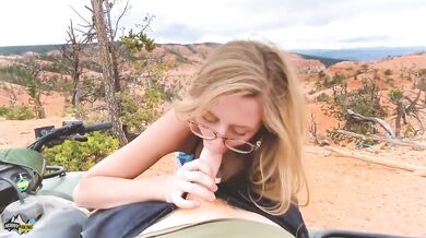 Nerdy hiker gets railed on motorcycle POV cum on big tits