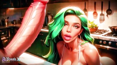Green haired milf teases huge cock while husband’s away kitchen POV
