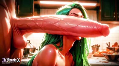 Green haired milf teases huge cock while husband’s away kitchen POV