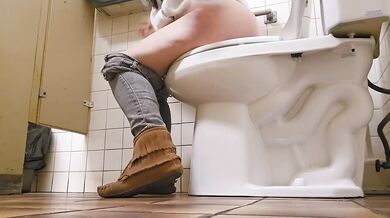 Nerdy faery gets drenched in her dirty panties then floods public toilet with piss