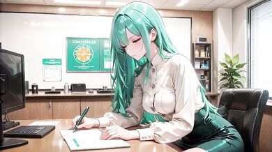 Green-Haired Secretary Gets Fucked Raw on Her Desk Cowgirl Creampie Deepthroat