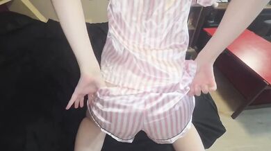Hubby stuffs me in shiny satin pajamas creampies till I scream