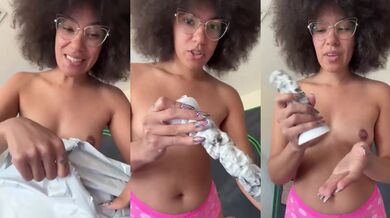 Just chatting with my tits out while unboxing a new dildo