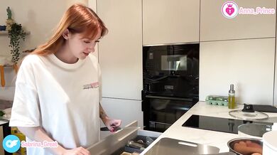 Naughty ginger teen strips naked teases food with tattoo in hot college solo fun