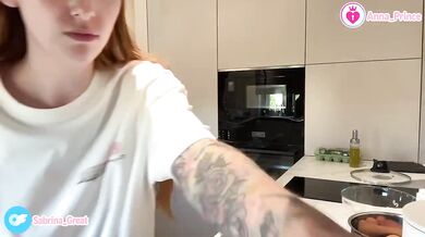 Naughty ginger teen strips naked teases food with tattoo in hot college solo fun