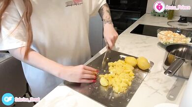 Naughty ginger teen strips naked teases food with tattoo in hot college solo fun