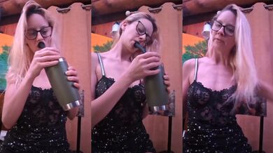 Blonde POV smokes solo in fetish lingerie while choking on her own filth