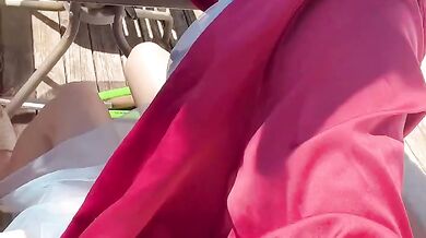 Showing off hairy pussy outside chair captured in HD