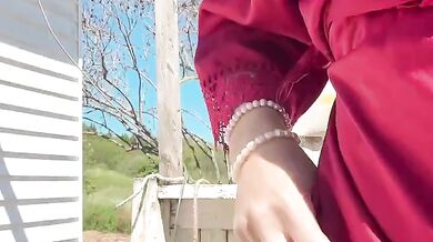 Showing off hairy pussy outside chair captured in HD