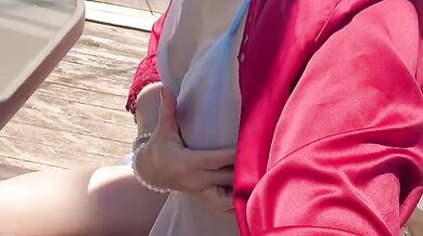 Showing off hairy pussy outside chair captured in HD