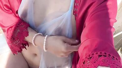 Showing off hairy pussy outside chair captured in HD