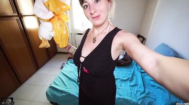Easter lunch delayed Creampie inside her hot hairy pussy cowgirl reaction