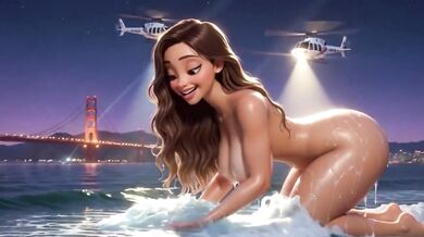Giantess crushes San Francisco under her knees as she kneels nude near the Golden Gate Bridge