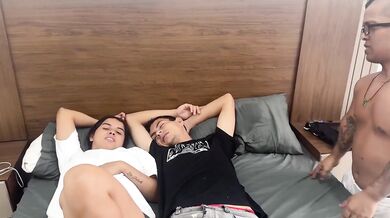 My lover fucks me raw while my tiny husband showers cum blast