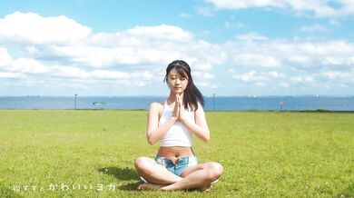 Denim shorts yoga teacher stripped bare by tight thong stretching