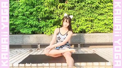 Denim shorts yoga teacher stripped bare by tight thong stretching