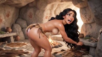 Cave woman scrubbs deep hole then welcomes mate raw and dripping