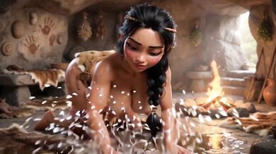 Cave woman scrubbs deep hole then welcomes mate raw and dripping