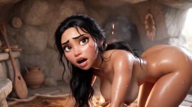 Cave woman scrubbs deep hole then welcomes mate raw and dripping