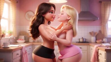 Two women bake cake together then kiss shower scene and cool down with fan
