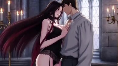 Gothic vampire queen drains mortal man into forbidden ecstasy with eternal bite