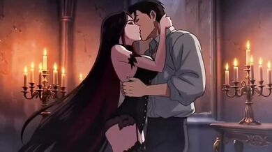 Gothic vampire queen drains mortal man into forbidden ecstasy with eternal bite