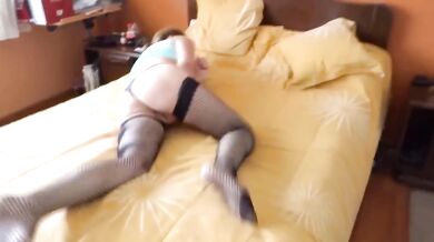My stepmom moaned while masturbating I came inside her big cock deep in her hairy pussy