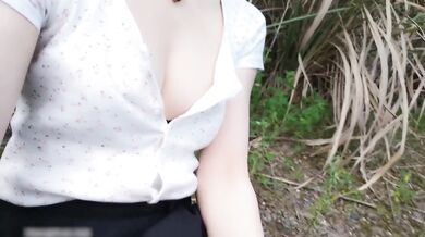 Asian girl masturbating in park with big ass and big tits gets caught climaxing exposed