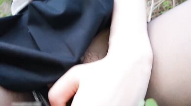 Asian girl masturbating in park with big ass and big tits gets caught climaxing exposed