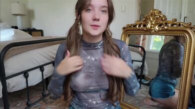 Babe strips in tight top shows off virgin nipples in see-through try on