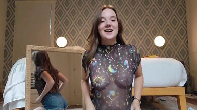 Babe strips in tight top shows off virgin nipples in see-through try on