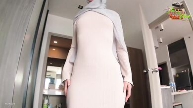 Big ass stepmom stuffs her small tits with her stepson’s cum while hijab-clad no one’s home
