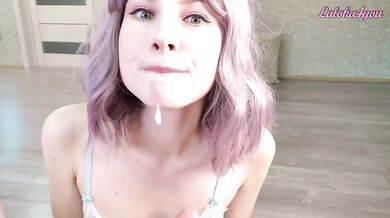 Blonde in purple gloves deepthroats and swallows cum load after load