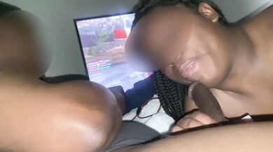 Thick ebony goddess eats dick while playing the game faceshot overload