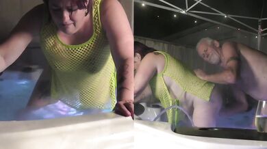 Trashy slut Cara gags on thick cock in the hot tub leaking milf cream