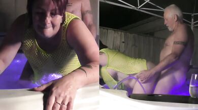 Trashy slut Cara gags on thick cock in the hot tub leaking milf cream