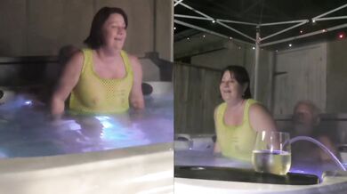 Trashy slut Cara gags on thick cock in the hot tub leaking milf cream