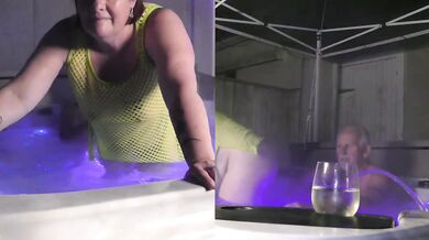 Trashy slut Cara gags on thick cock in the hot tub leaking milf cream