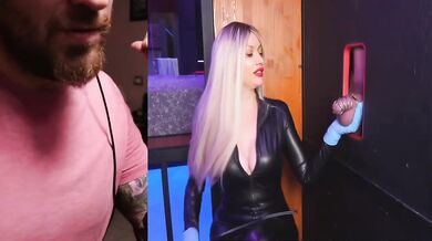 Eliza Grant stuffed in chokehold by caged glory hole cock slap