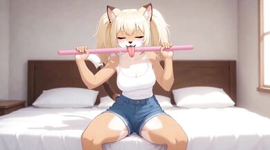 Furry bunny girl vibrates her gear stick alone and leaks
