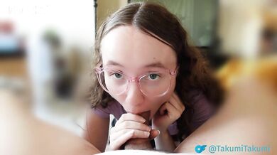 Glasses wearing 18 year old college girl gives intense blowjob and sex to senior. Amateur amwf