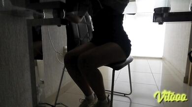 First she sits down to work, and then she sits on my dick