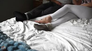 Horny stepson worships milf’s smelly stockings till cum drips on her soles