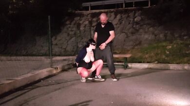 Mature milf faces husband's cum after public blowjob in stockings