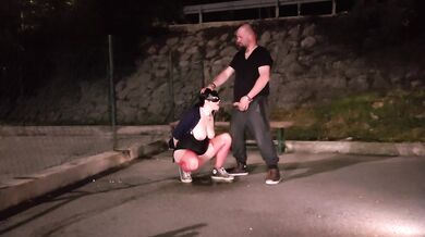 Mature milf faces husband's cum after public blowjob in stockings