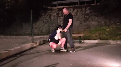 Mature milf faces husband's cum after public blowjob in stockings
