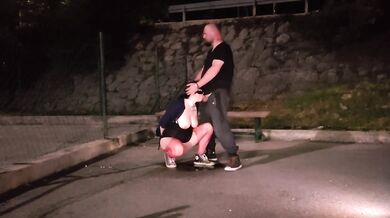 Mature milf faces husband's cum after public blowjob in stockings