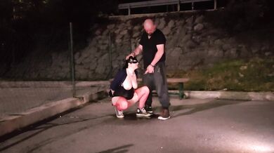 Mature milf faces husband's cum after public blowjob in stockings